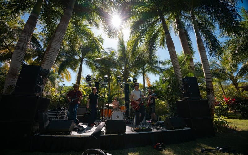 Band performing under pink lights