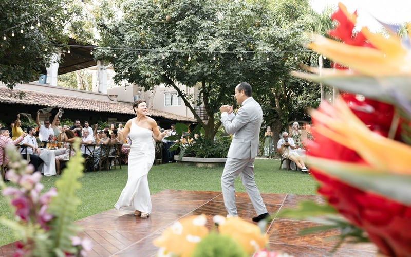 Couple first dance on outdoor dance floor